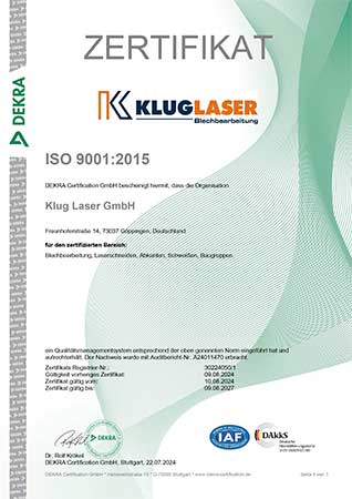 DEKRA Zertifikat ISO 9001:2015 für Klug Laser